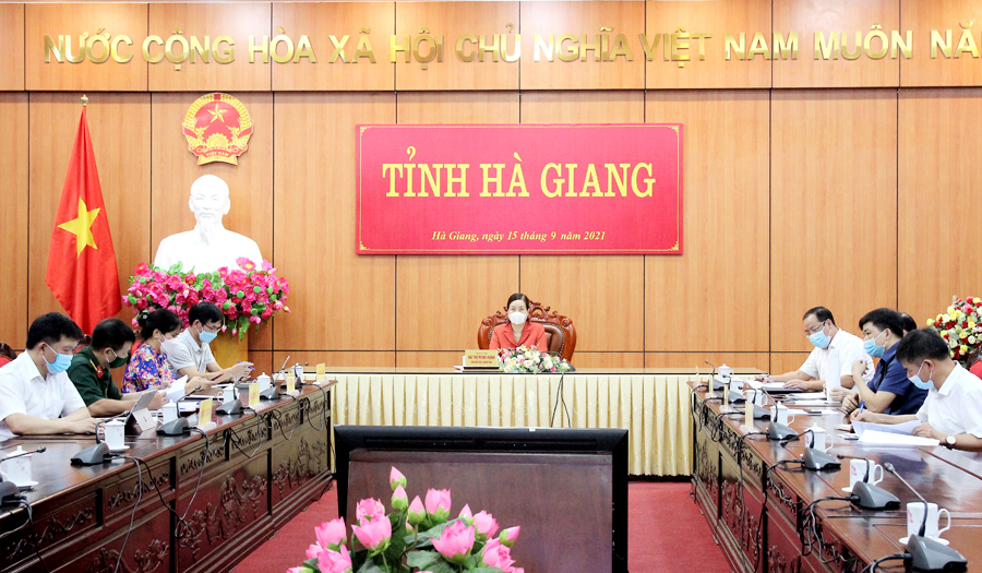 Phó Chủ tịch UBND tỉnh Hà Thị Minh Hạnh và các đại biểu dự hội nghị trực tuyến với Bộ GTVT tại điểm cầu của tỉnh.