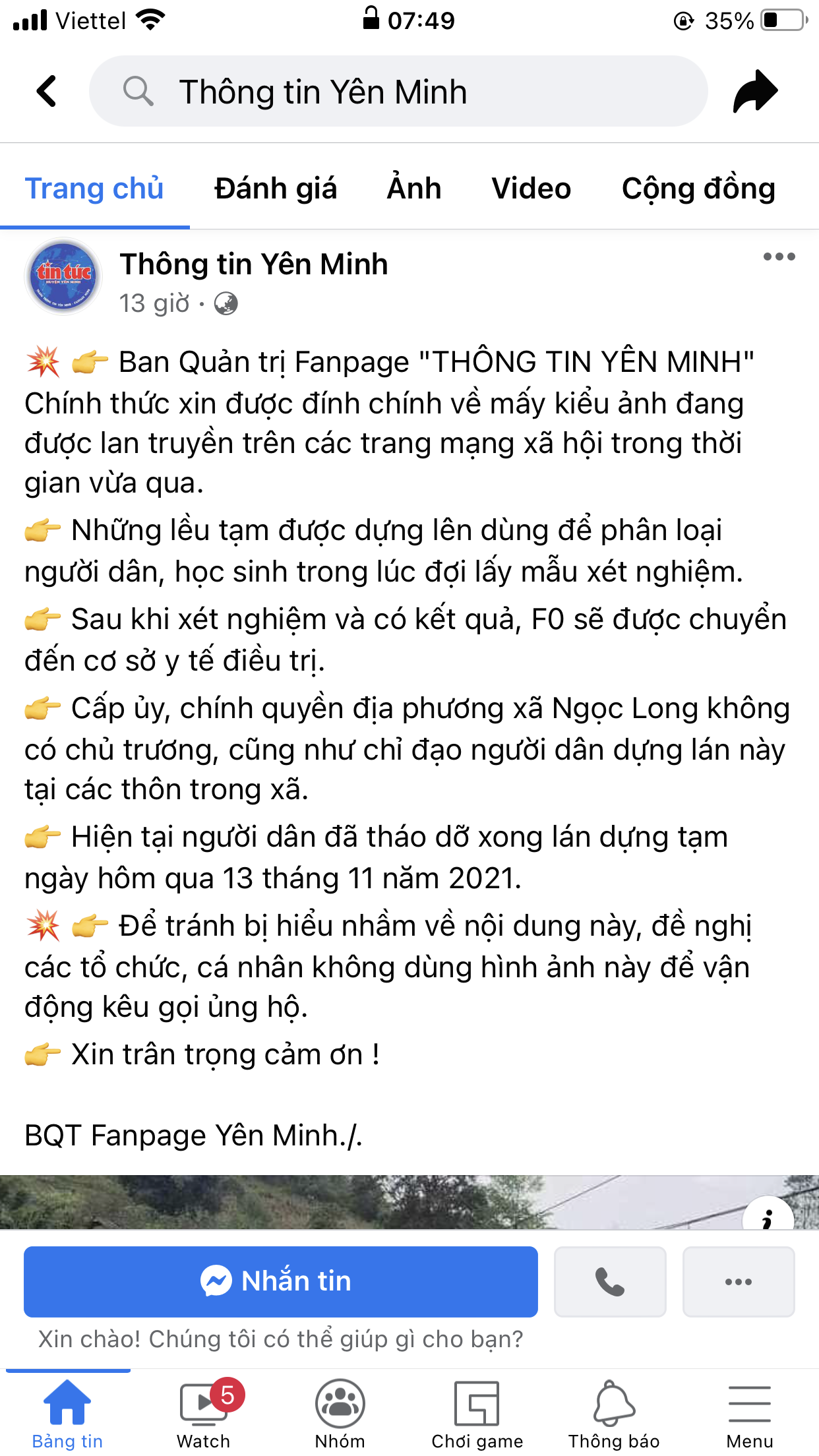 Trang Fanpage của huyện Yên Minh cũng đính chính thông tin trên