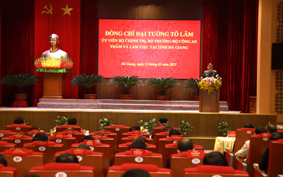 Đại tướng, Bộ trưởng Bộ Công an Tô Lâm phát biểu, chúc Tết lãnh đạo tỉnh